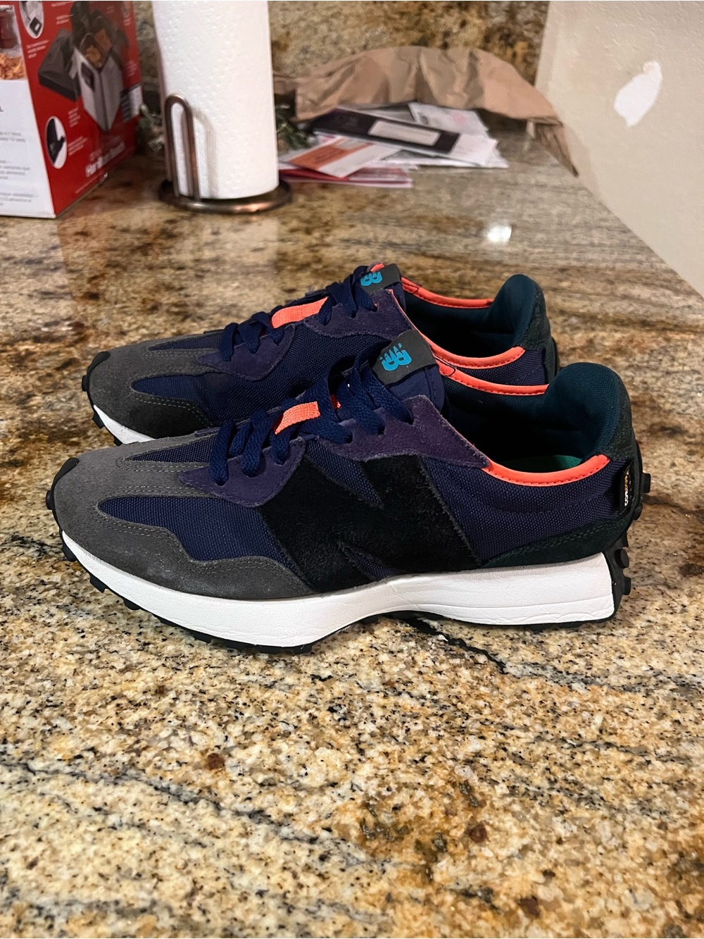New Balance navy, gray & black sneakers with coral trim